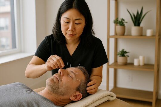 Acupuncture therapy session relaxation.