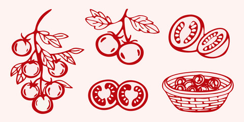 Red tomato illustrations with vine and basket a striking silhouette © NaderAli