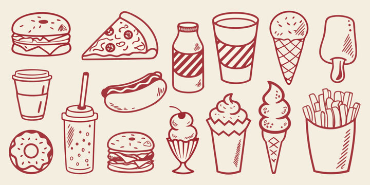 Hand drawn fast food and sweet treats in red silhouette