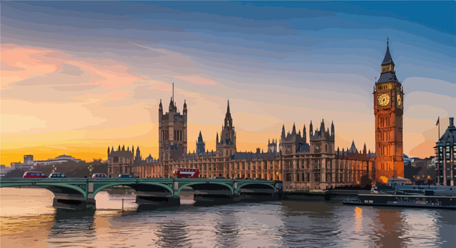 Veduta panoramica del Palazzo di Westminster con il Big Ben e il ponte di Westminster al tramonto sul fiume Tamigi a Londra, Inghilterra.
