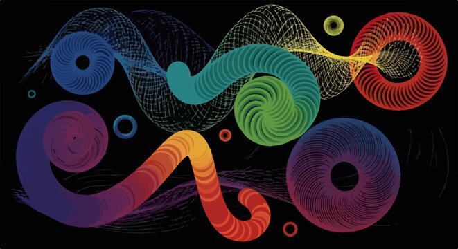 Composizione astratta digitale con spirali colorate e linee fluide che creano un movimento dinamico su uno sfondo nero profondo ed elegante.