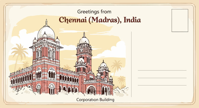 Una cartolina postale d'epoca raffigurante il Ripon Building a Chennai, Madras, con un design classico ideale per viaggi e turismo in India.