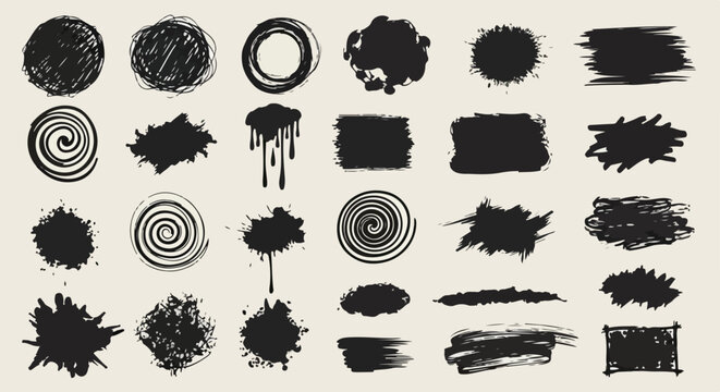 Collezione di pennellate nere e macchie d'inchiostro grunge con forme circolari e rettangolari su sfondo chiaro per design grafico creativo.