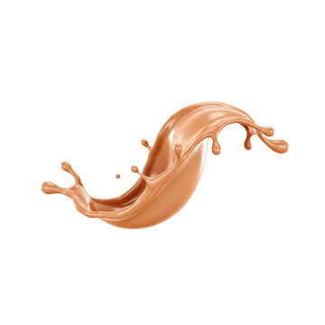 ultra photorealistic light brown glossy creamy liquid splash forming an elegant wave and droplets, isolated against a transparent background. high-end product advertising concept