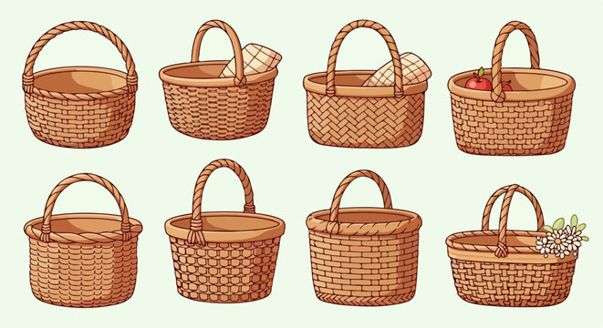 Una collezione di otto illustrazioni di cestini di vimini intrecciati a mano in vari stili con manici, perfetti per picnic e decorazioni rustiche.