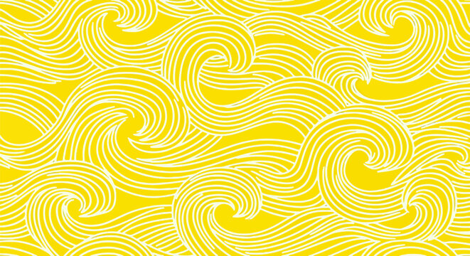 Motivo grafico vettoriale con linee curve sinuose di colore giallo brillante e bianco, perfetto per tessuti, carta da parati o sfondi web.