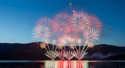 Vibrant canada day fireworks display over water with mountain backdrop on july 1st celebrating canadian national holiday