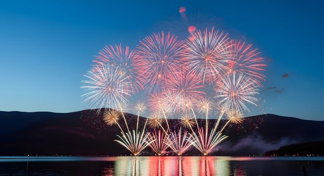 Vibrant canada day fireworks display over water with mountain backdrop on july 1st celebrating canadian national holiday