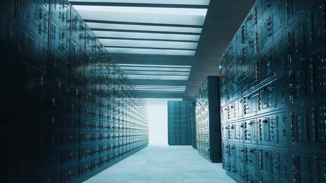 Large data center room filled with rows of illuminated server racks processing and archiving vast amounts of digital information for global connectivity and security
