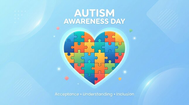 Love shape with puzzle pattern autism awareness day text on pastel blue background
