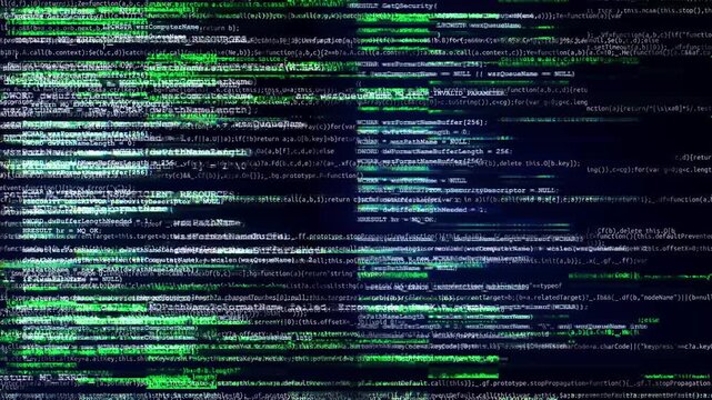 A video showcasing a mesmerizing display of green and white computer code streaming down a dark background in a futuristic digital landscape video