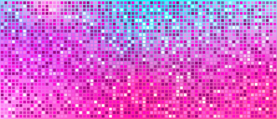 Obraz premium Glowing reflective squares with holographic sparkle effect. Sequin pink disco backdrop for nightclub, DJ sets and retro themes.