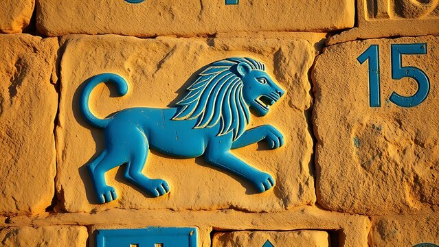 babylonian. Ancient Babylonian wall fragment with a blue glazed brick lion relief. event programs, museum guides, designed for cultural heritage projects and event programs, preserves heritage.