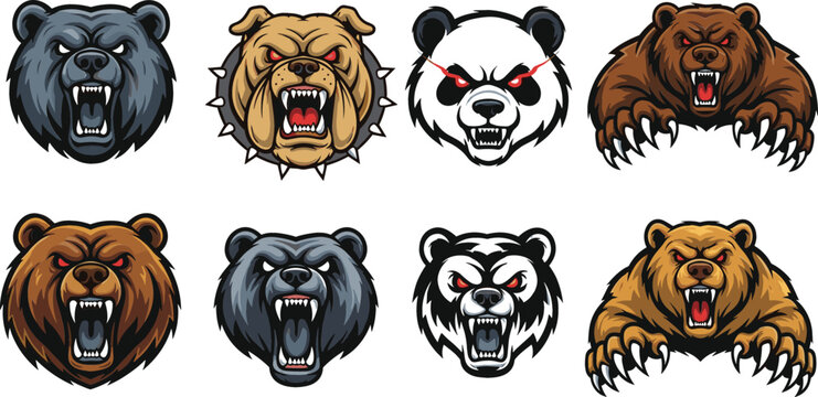 Aggressive bear mascot head collection featuring fierce expressions, roaring poses, and bold cartoon animal designs for sports team and emblem vector illustration