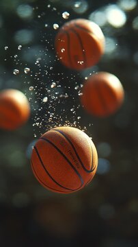 Basketballs in motion with splash of water droplets create dynamic composition