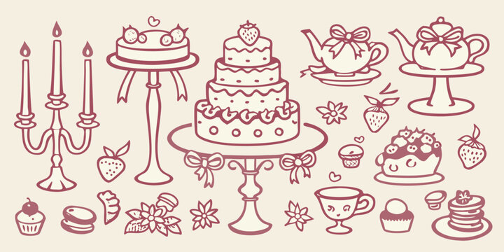 Charming hand drawn desserts and tea set in a whimsical silhouette
