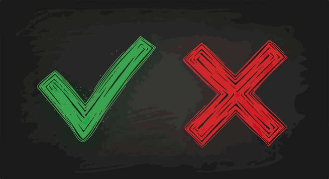 Zielony ptaszek i czerwony krzyżyk narysowane kredą na ciemnej tablicy, symbolizujące wyb&oacute;r między tak a nie oraz sukces i porażkę.