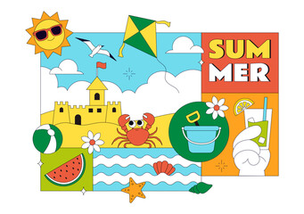 Naklejka premium Summer Vacation Vector Illustration Featuring Beach Activities, Tropical Elements, Sunshine Holiday Scene, Ocean Leisure, and Seasonal Travel Design