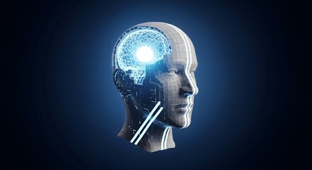 Obraz premium Digital human head with glowing brain network concept.