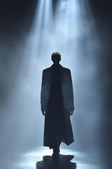 Fototapeta premium Shadowy figure illuminated by spotlights, evoking mystery and contemplation