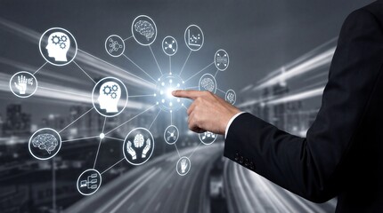 Obraz premium Businessman interacting with innovative technology interface with brain and gear icons