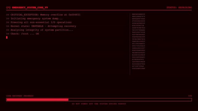 Emergency System Core Reboot Critical Error Recovery Screen.
