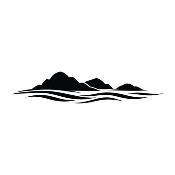 Minimalist black silhouette of mountain peaks and ocean waves on a white background