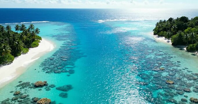 Aerial Drone View of Tropical Island Paradise with Turquoise Lagoon and Coral Reef
