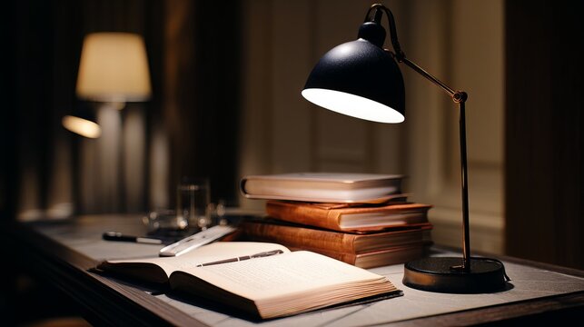 Late night study desk with lamp, books and notebook, warm cozy indoor learning workspace
