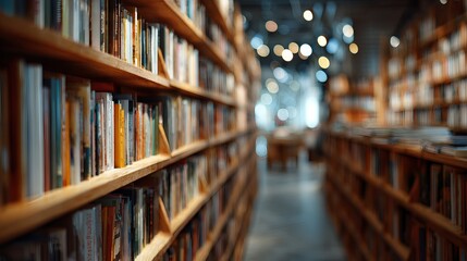 Library interior with bookshelves and soft bokeh light, empty academic background with copy space