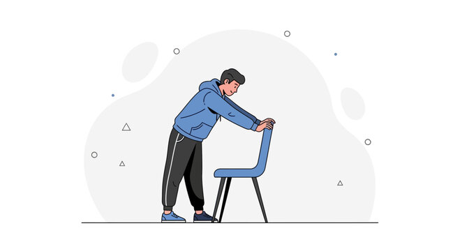 Man in hoodie stretching with chair, minimalist illustration, fitness concept