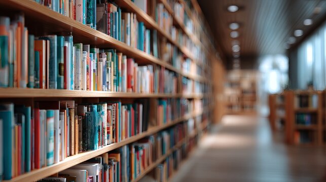 Library interior with bookshelves and soft bokeh light, empty academic background with copy space