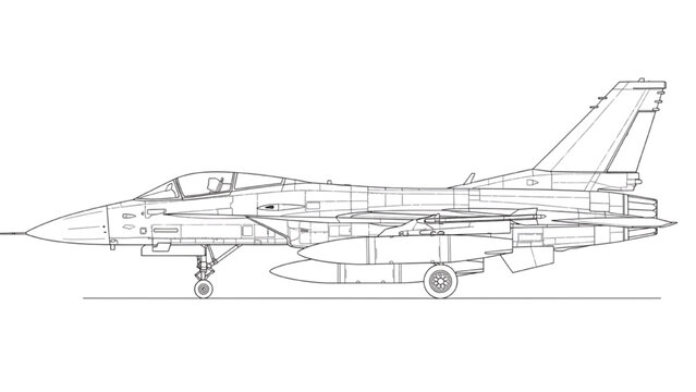 Side profile line drawing of a modern jet fighter aircraft