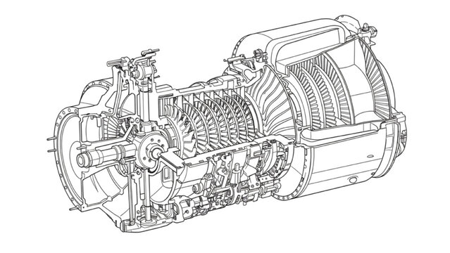 Precision technical blueprint illustration of a complex jet engine turbine cutaway