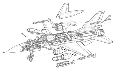 Fototapeta premium Detailed exploded view blueprint of a modern supersonic fighter aircraft