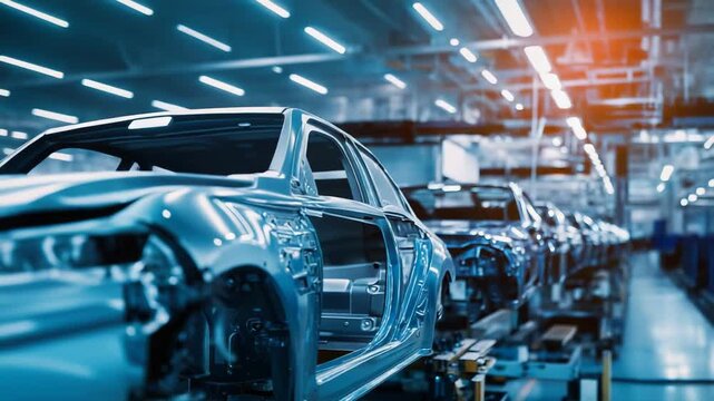Automobile body shells progress through a modern factory, highlighting the precise manufacturing process and advanced industrial automation within the production plant