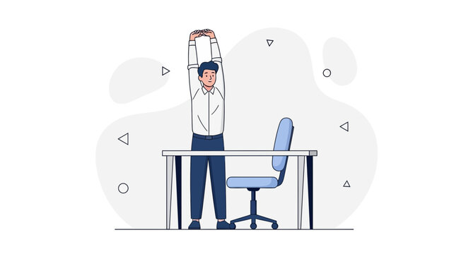Man stretching arms at office desk, taking a break from work, healthy lifestyle