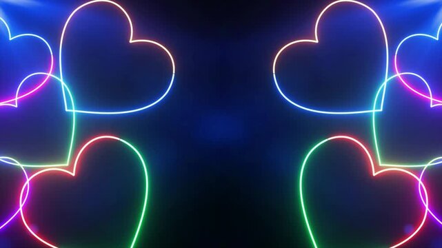 Trending colorful neon hearts glowing and pulsing in the dark with vibrant gradient background