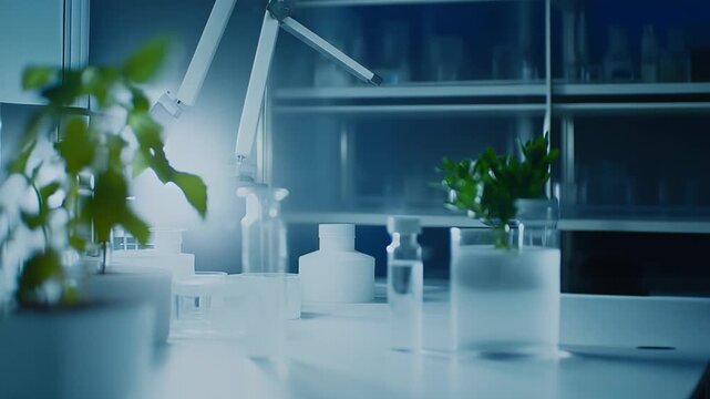 Laboratory workspace with diverse plants cultivated in pots and glassware, essential for ongoing experiments and biotechnology research in a scientific environment
