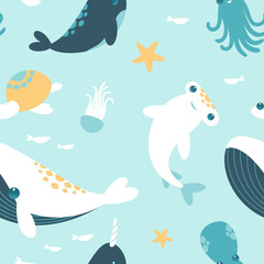 Seamless cute marine animals pattern with whale and narwhal © Katy Kai Art