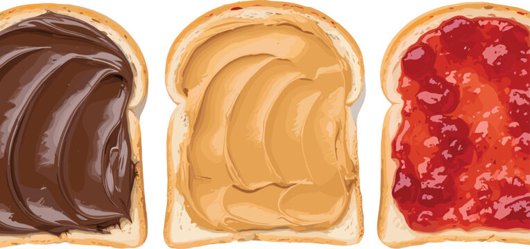 Bread Slices with Chocolate Spread, Peanut Butter, and Jam for Breakfast, Snack, and Food Illustration Graphics