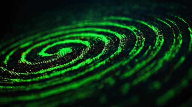 Fingerprint biometric identity security scan authentication green digital neon spiral ripple texture macro background futuristic glowing pattern dark