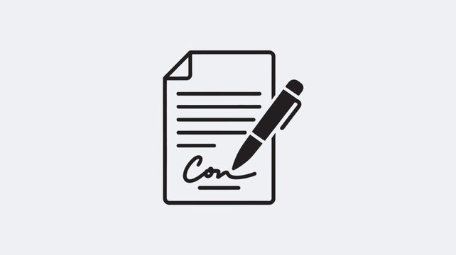 A professional document icon featuring a sheet of paper with lines of text and a handwritten signature, alongside a black pen, symbolizing agreement, contract, and official paperwork.