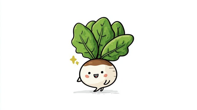 Clip art illustration of a cartoon beige beet with thick green leaves. Beetroot. Cute turnip