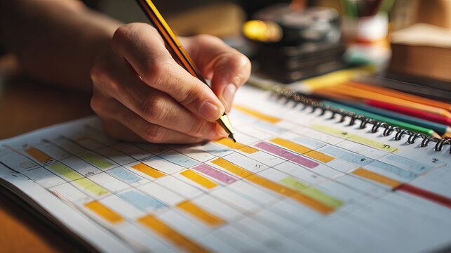Student organizing timetable on desk, hands only, indoor study planning scene