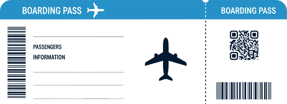 Airline boarding pass ticket template vector with barcode QR code airplane icon and passenger information layout design