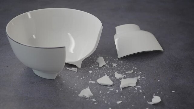 Broken bowl on the floor with pieces scattered around