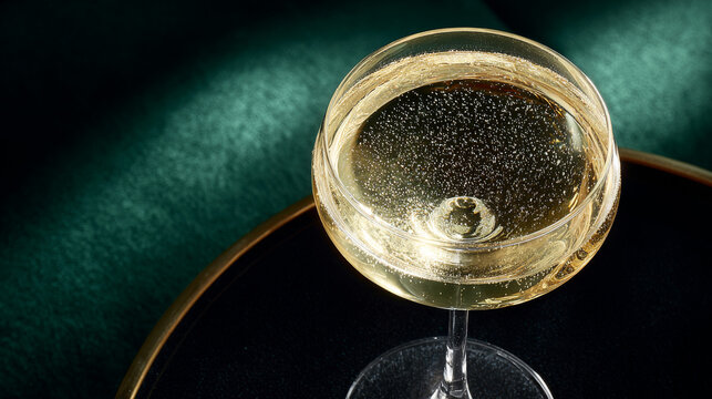 champagne in an elegant coupe glass, cocktail on a black table with a dark green velvet background