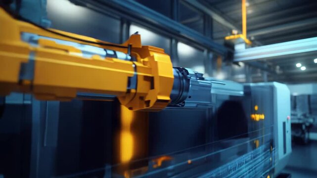 Modern industrial machine showing digital overlay of data and schematics, representing advanced manufacturing, automation, and industrial processes in a smart factory environment