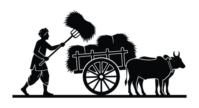 Indian Farmer Loading Hay On Cart Icon Silhouette vector black design on a white background